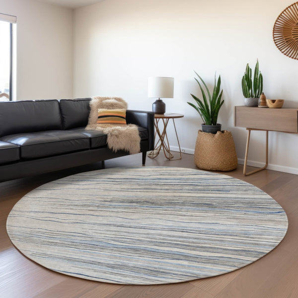 HomeRoots 8' Gray Blue Striped Round Rug – Washable, UV Protected, Durable & Stylish for Kids and Pets! 678374