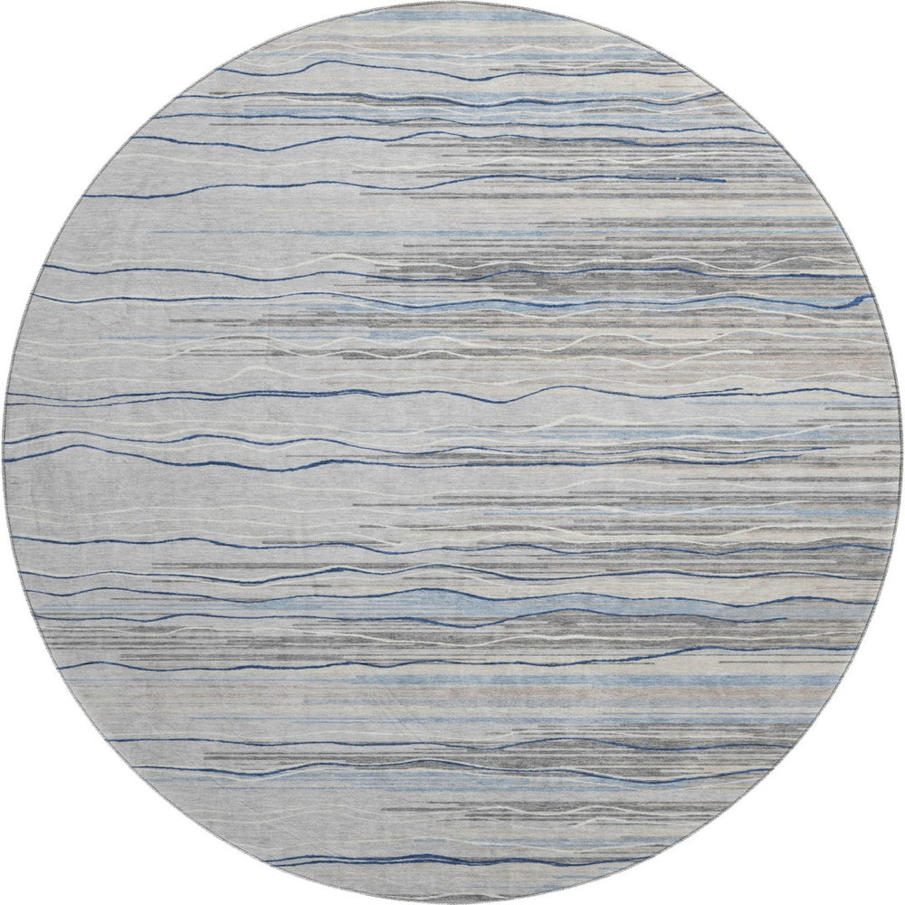 HomeRoots 8' Gray Blue Striped Round Rug – Washable, UV Protected, Durable & Stylish for Kids and Pets! 678374