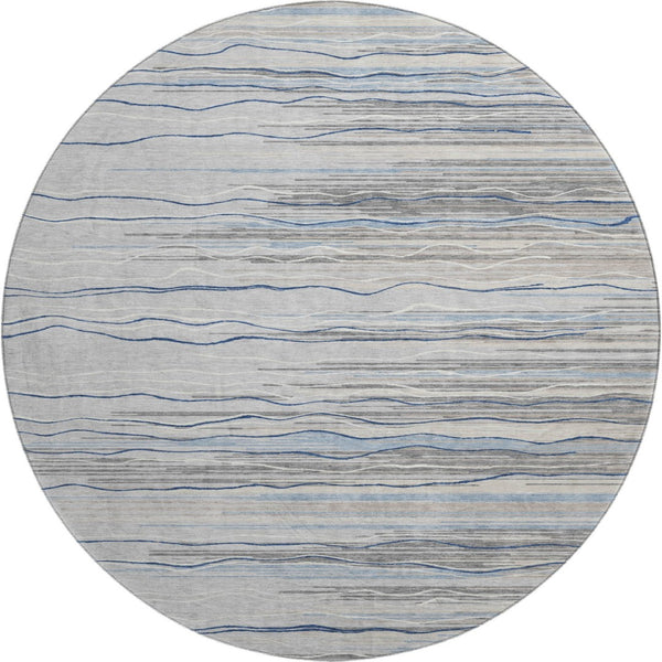 HomeRoots 8' Gray Blue Striped Round Rug – Washable, UV Protected, Durable & Stylish for Kids and Pets! 678374