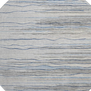 HomeRoots 8' Gray Blue Striped Round Rug – Washable, UV Protected, Durable & Stylish for Kids and Pets! 678374
