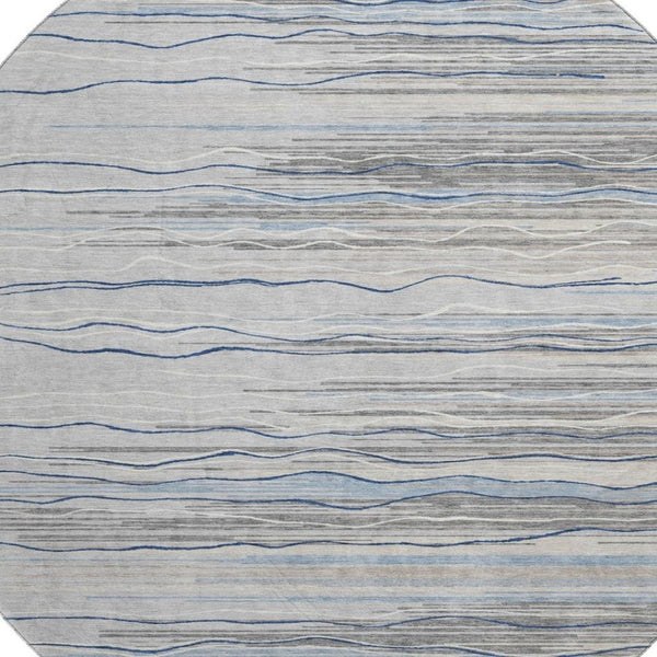 HomeRoots 8' Gray Blue Striped Round Rug – Washable, UV Protected, Durable & Stylish for Kids and Pets! 678374