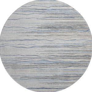 HomeRoots 8' Gray Blue Striped Round Rug – Washable, UV Protected, Durable & Stylish for Kids and Pets! 678374