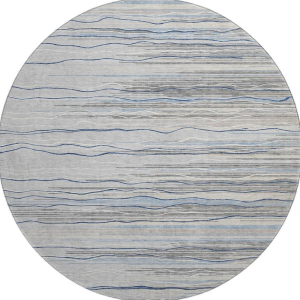 HomeRoots 8' Gray Blue Striped Round Rug – Washable, UV Protected, Durable & Stylish for Kids and Pets! 678374