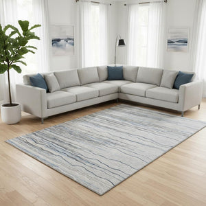 HomeRoots 8' X 10' Striped Washable Area Rug in Gray Blue & Ivory - UV Protected, Durable, & Easy Care Design 678375