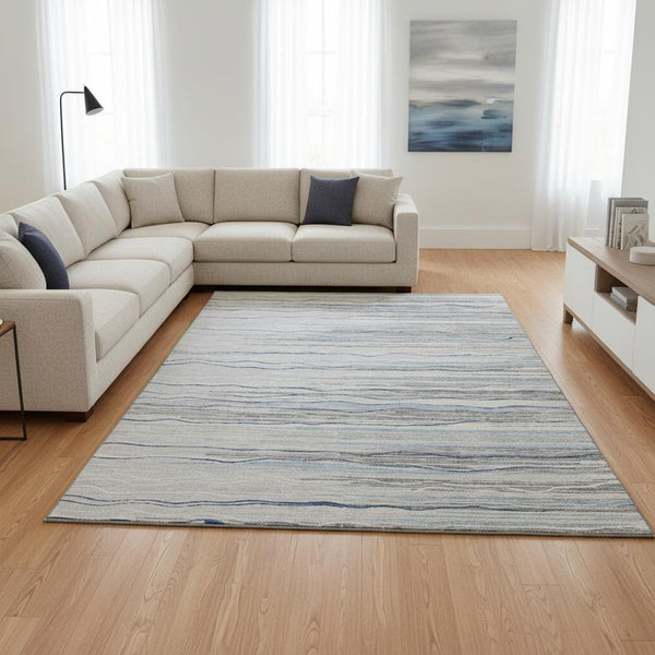 HomeRoots 9' X 12' Striped Gray Blue Area Rug - Durable, Washable, UV-Protected, Ideal for Busy Homes and Pets! 678376