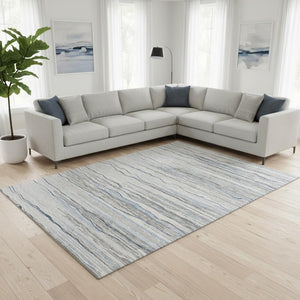 HomeRoots 10' Gray Blue & Ivory Striped Washable Area Rug - UV Protected, Durable, Stain-Resistant Design! 678377