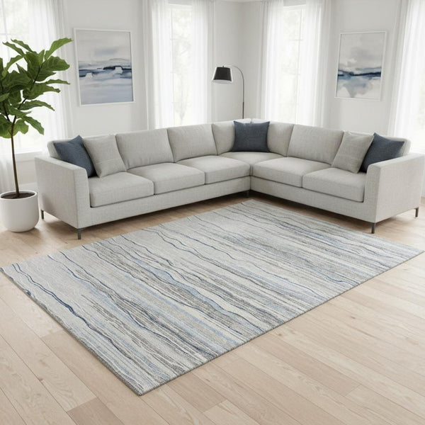 HomeRoots 10' Gray Blue & Ivory Striped Washable Area Rug - UV Protected, Durable, Stain-Resistant Design! 678377