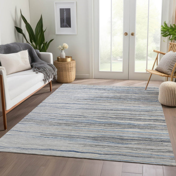 HomeRoots 10' Gray Blue & Ivory Striped Washable Area Rug - UV Protected, Durable, Stain-Resistant Design! 678377
