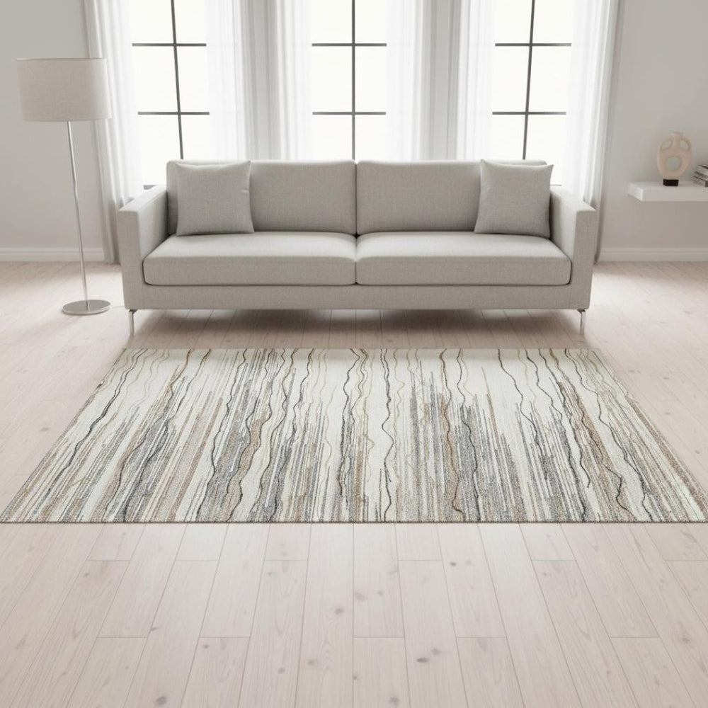 HomeRoots 5' X 8' Ivory Gray & Brown Striped Washable Area Rug - Durable, Stain-Resistant with UV Protection! 678379