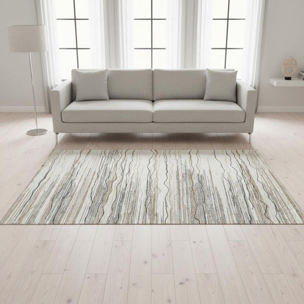 HomeRoots 5' X 8' Ivory Gray & Brown Striped Washable Area Rug - Durable, Stain-Resistant with UV Protection! 678379