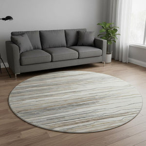HomeRoots 8' Ivory Gray and Brown Striped Round Rug - Washable, UV-Protected, Family-Friendly Comfort for Any Space 678380