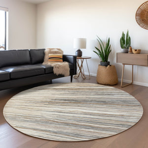 HomeRoots 8' Ivory Gray and Brown Striped Round Rug - Washable, UV-Protected, Family-Friendly Comfort for Any Space 678380