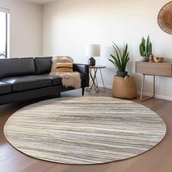 HomeRoots 8' Ivory Gray and Brown Striped Round Rug - Washable, UV-Protected, Family-Friendly Comfort for Any Space 678380
