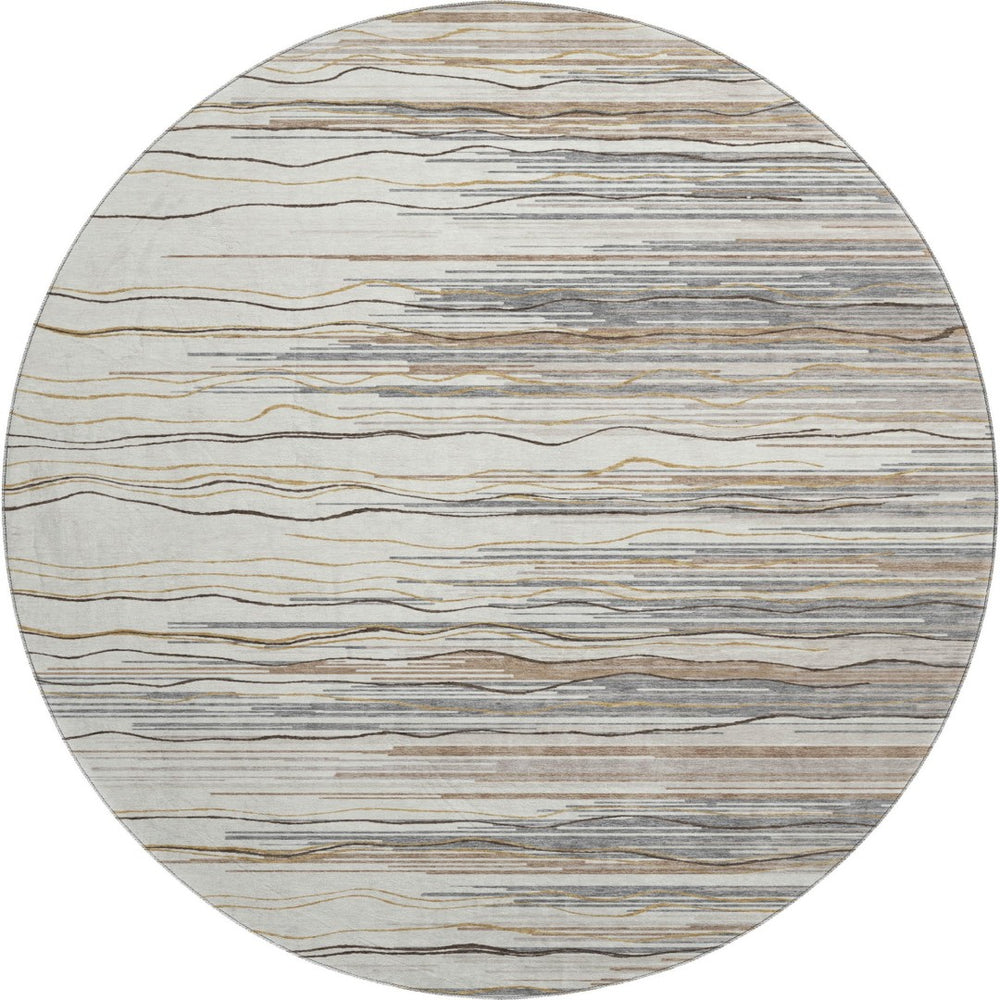 HomeRoots 8' Ivory Gray and Brown Striped Round Rug - Washable, UV-Protected, Family-Friendly Comfort for Any Space 678380