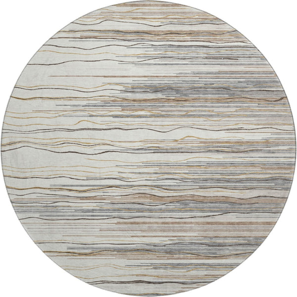 HomeRoots 8' Ivory Gray and Brown Striped Round Rug - Washable, UV-Protected, Family-Friendly Comfort for Any Space 678380