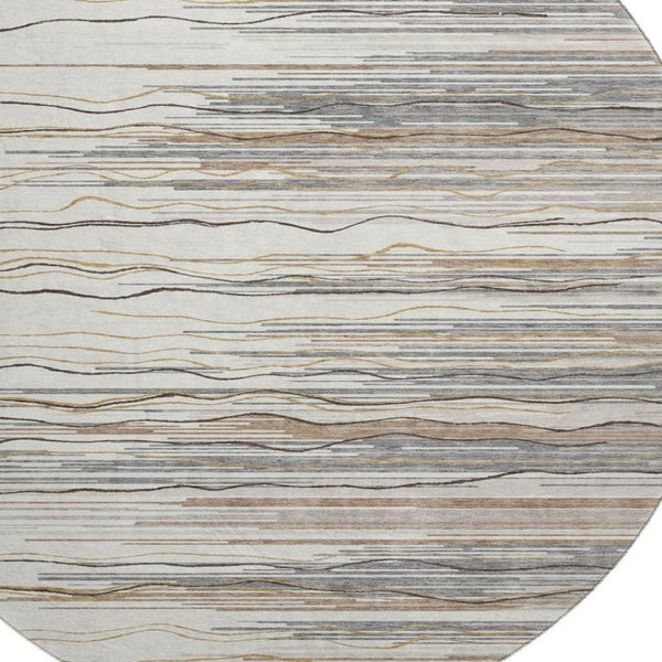 HomeRoots 8' Ivory Gray and Brown Striped Round Rug - Washable, UV-Protected, Family-Friendly Comfort for Any Space 678380