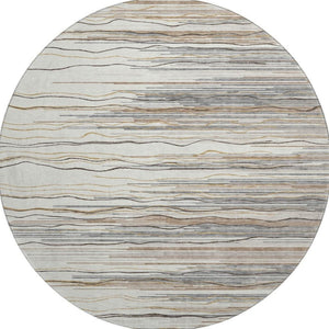 HomeRoots 8' Ivory Gray and Brown Striped Round Rug - Washable, UV-Protected, Family-Friendly Comfort for Any Space 678380