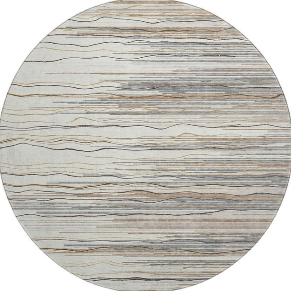 HomeRoots 8' Ivory Gray and Brown Striped Round Rug - Washable, UV-Protected, Family-Friendly Comfort for Any Space 678380