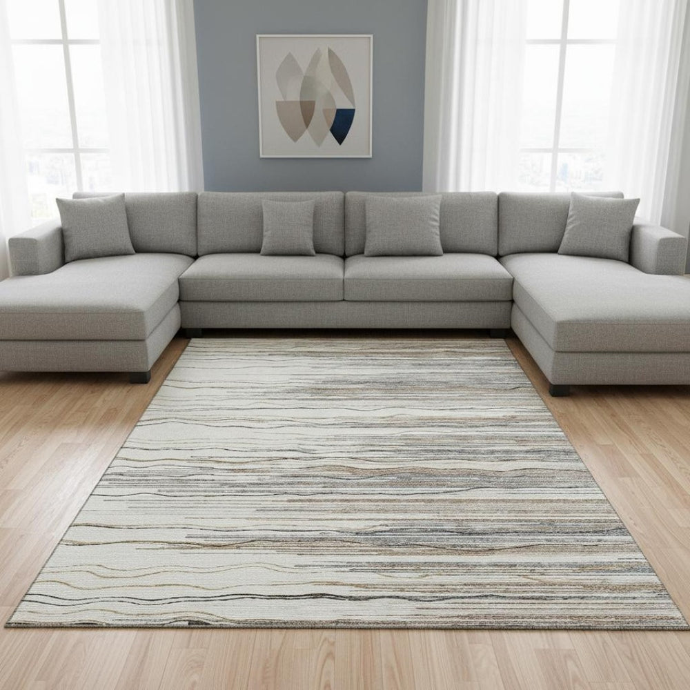HomeRoots 8' X 10' Stylish Ivory Gray Brown Striped Washable Area Rug - UV Protected, Stain Resistant & Durable 678381