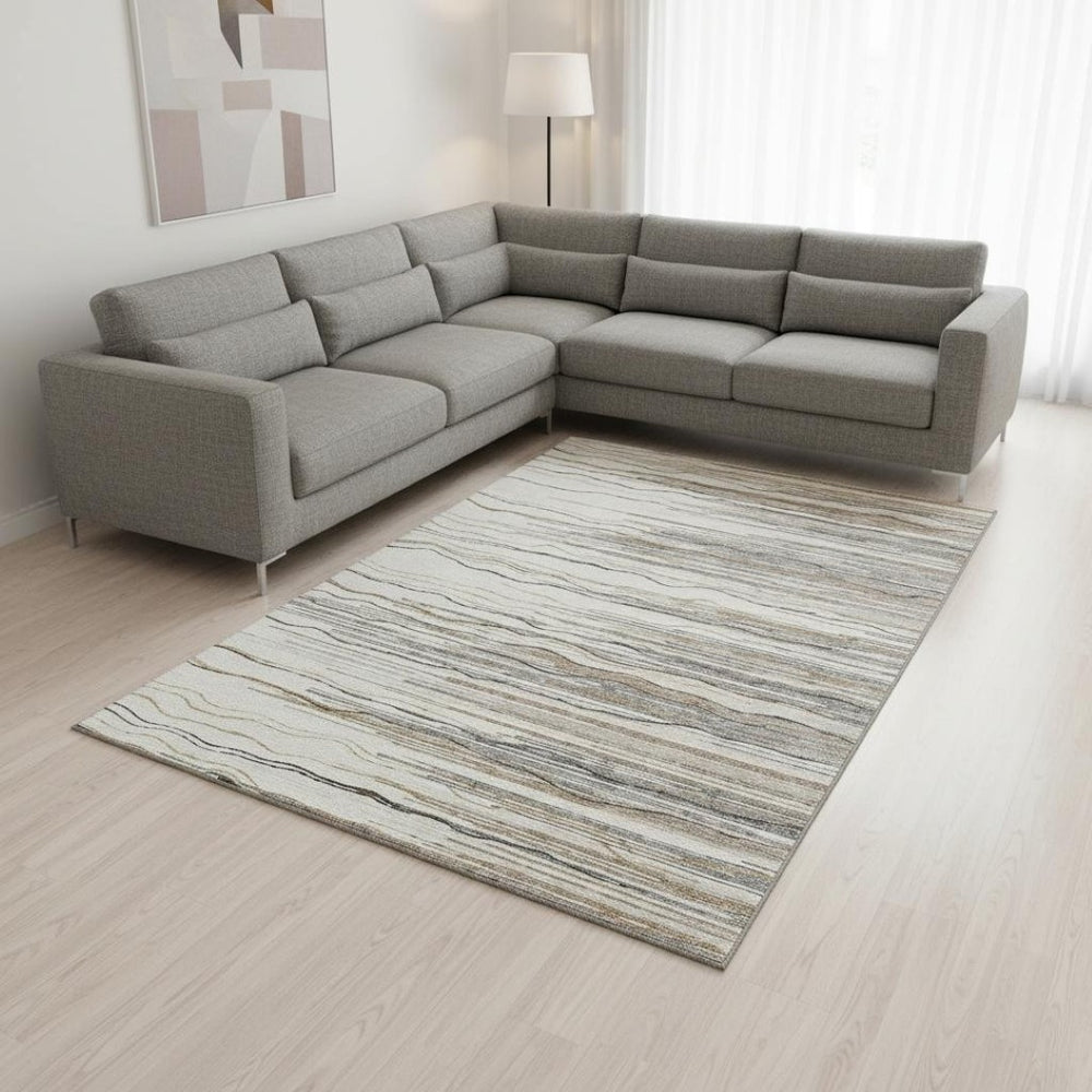 HomeRoots 9' X 12' Striped Area Rug in Ivory, Gray & Brown - Washable, UV-Protected, Durable for High Traffic Areas 678382