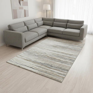 HomeRoots 9' X 12' Striped Area Rug in Ivory, Gray & Brown - Washable, UV-Protected, Durable for High Traffic Areas 678382