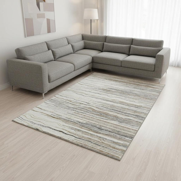 HomeRoots 9' X 12' Striped Area Rug in Ivory, Gray & Brown - Washable, UV-Protected, Durable for High Traffic Areas 678382