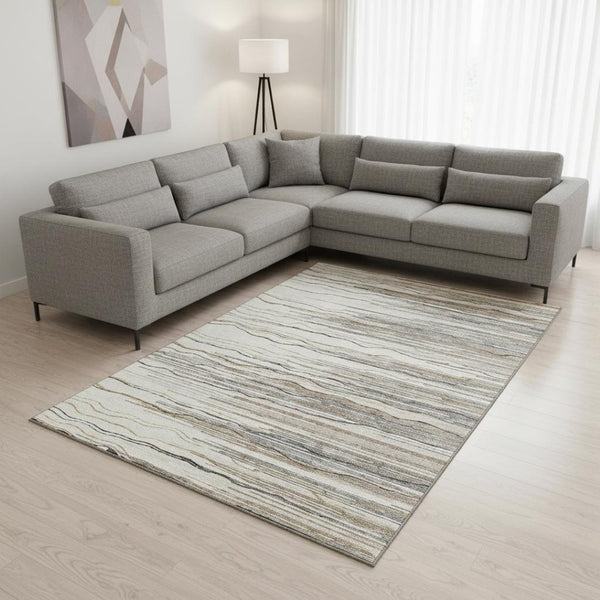 HomeRoots 10' Striped Ivory Gray and Brown Washable Area Rug – UV Protected, Durable, Pet-Friendly Design! 678383