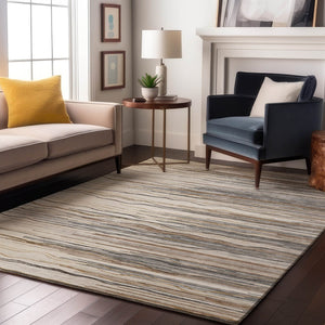 HomeRoots 10' Striped Ivory Gray and Brown Washable Area Rug – UV Protected, Durable, Pet-Friendly Design! 678383