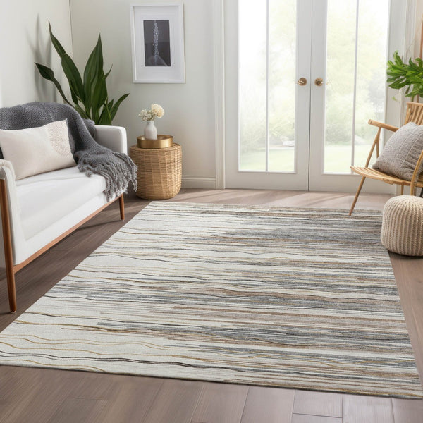 HomeRoots 10' Striped Ivory Gray and Brown Washable Area Rug – UV Protected, Durable, Pet-Friendly Design! 678383