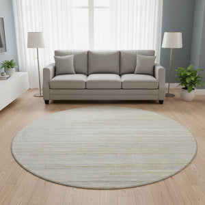 HomeRoots 8' Stylish Linen Beige & Ivory Striped Washable Round Rug with UV Protection for Busy Homes 678386