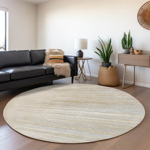 HomeRoots 8' Stylish Linen Beige & Ivory Striped Washable Round Rug with UV Protection for Busy Homes 678386