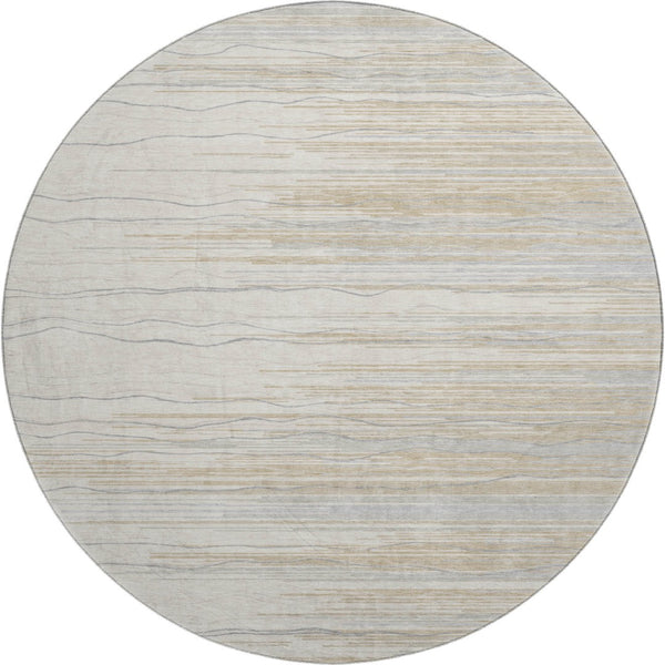 HomeRoots 8' Stylish Linen Beige & Ivory Striped Washable Round Rug with UV Protection for Busy Homes 678386