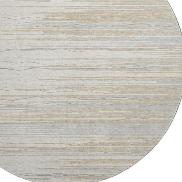 HomeRoots 8' Stylish Linen Beige & Ivory Striped Washable Round Rug with UV Protection for Busy Homes 678386