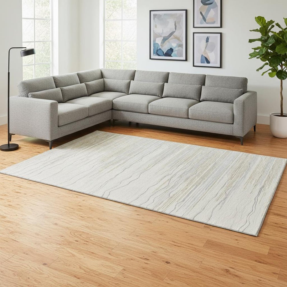 HomeRoots 9' X 12' Linen Beige Ivory Striped Area Rug - Durable, Washable, UV Protected for High-Traffic Spaces 678388