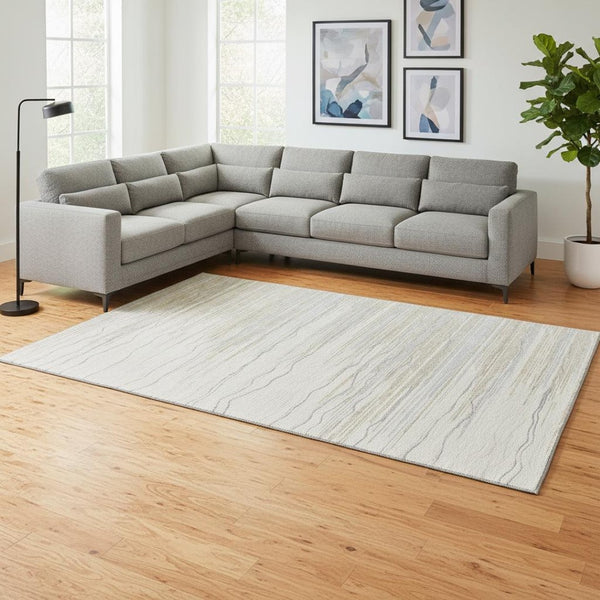 HomeRoots 9' X 12' Linen Beige Ivory Striped Area Rug - Durable, Washable, UV Protected for High-Traffic Spaces 678388