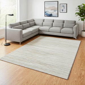 HomeRoots 10' X 14' Beige & Ivory Striped Area Rug - Durable, Stain-Resistant, UV Protected for Easy Care! 678389