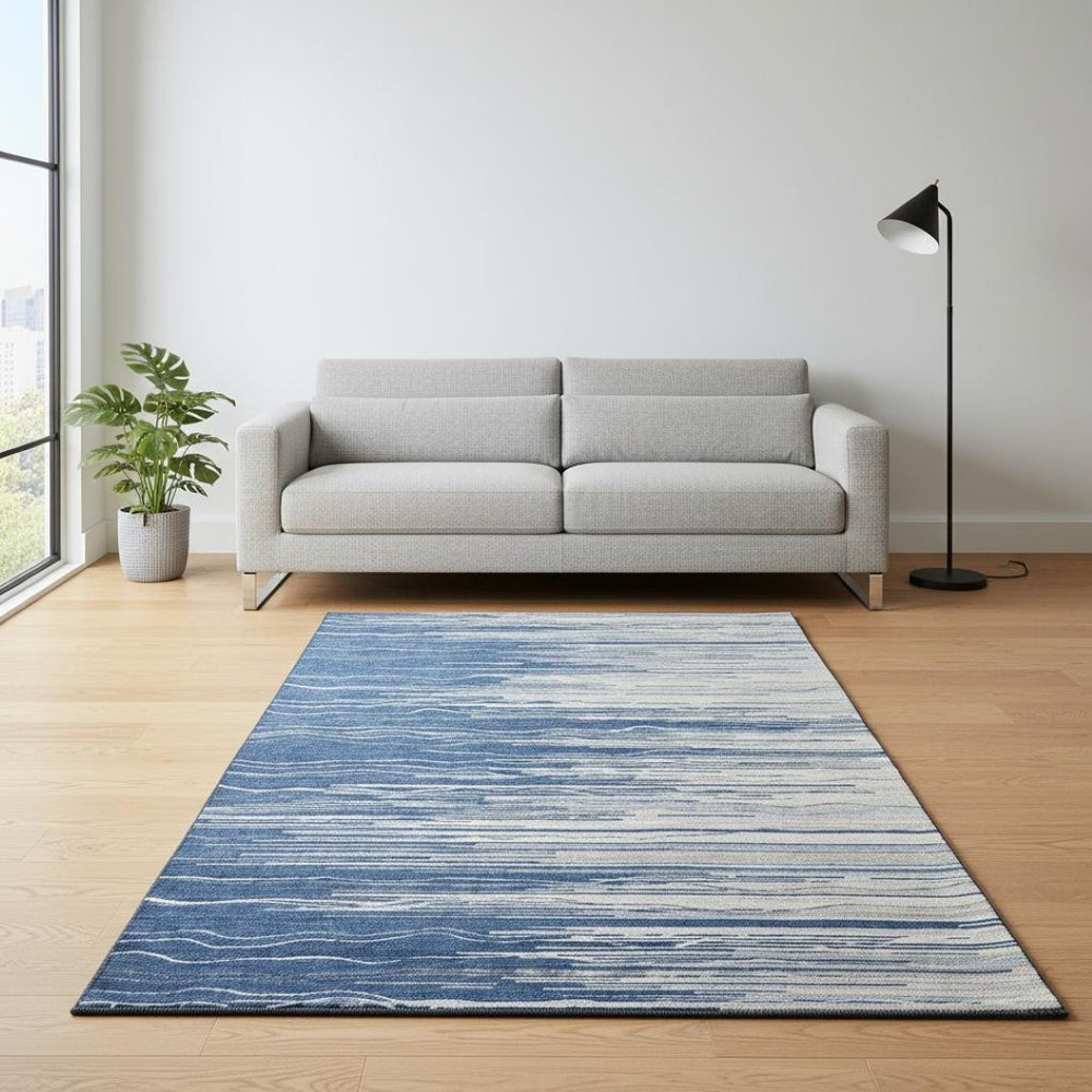 HomeRoots 5' X 8' Navy, Ivory & Gray Striped Area Rug - Washable, UV Protected, Durable for Kids & Pets! 678391