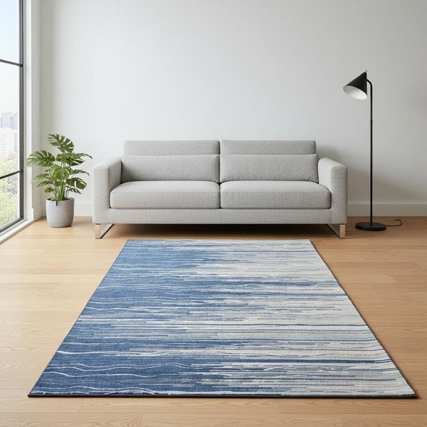 HomeRoots 5' X 8' Navy, Ivory & Gray Striped Area Rug - Washable, UV Protected, Durable for Kids & Pets! 678391