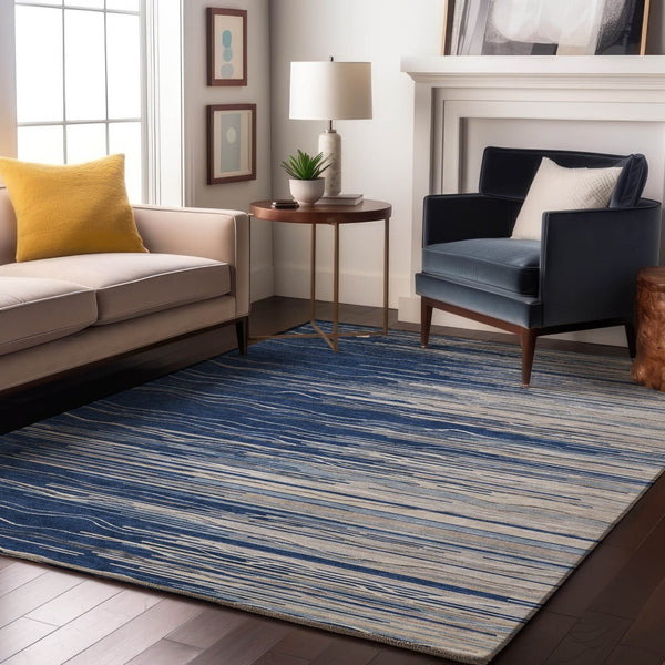 HomeRoots 5' X 8' Navy, Ivory & Gray Striped Area Rug - Washable, UV Protected, Durable for Kids & Pets! 678391
