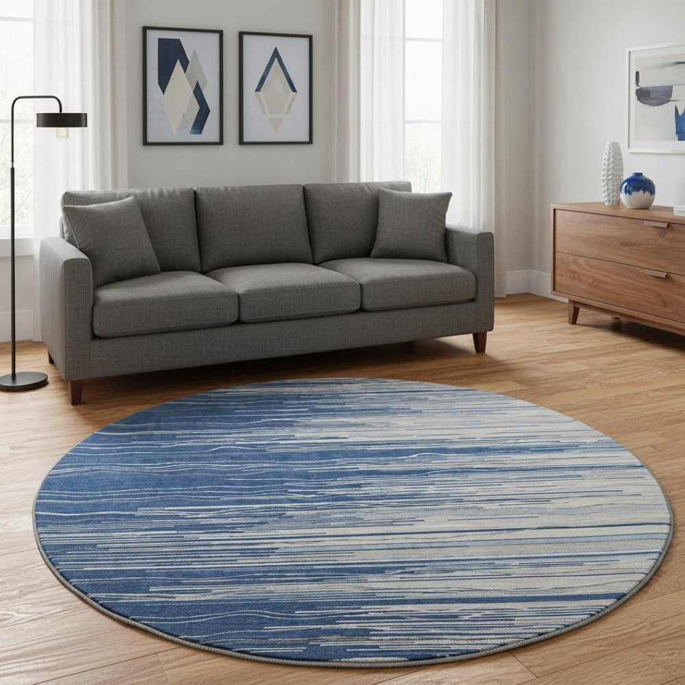 HomeRoots 8' Navy Blue Ivory and Gray Striped Round Rug - Durable, Washable, UV Protected for High-Traffic Areas 678392