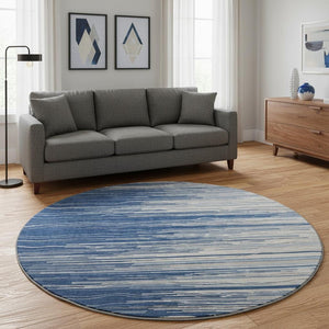 HomeRoots 8' Navy Blue Ivory and Gray Striped Round Rug - Durable, Washable, UV Protected for High-Traffic Areas 678392