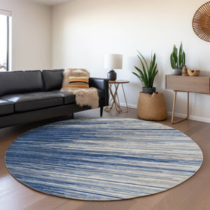 HomeRoots 8' Navy Blue Ivory and Gray Striped Round Rug - Durable, Washable, UV Protected for High-Traffic Areas 678392