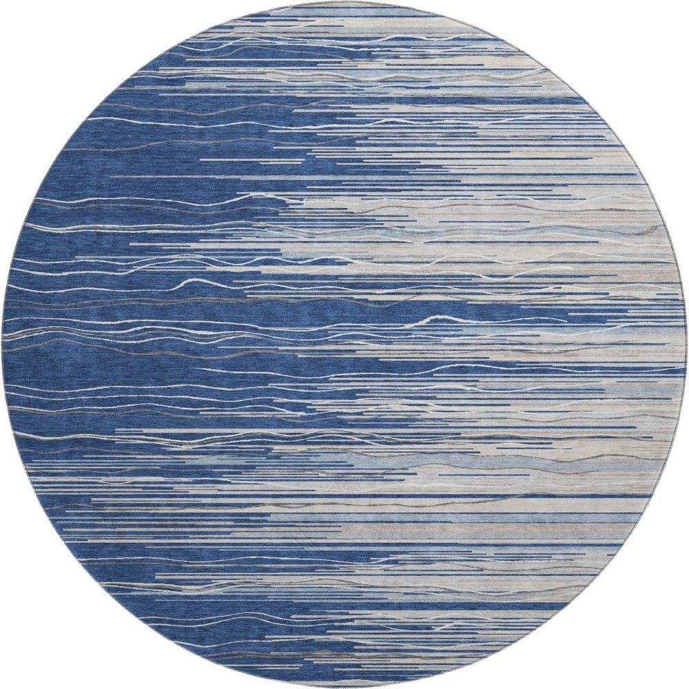 HomeRoots 8' Navy Blue Ivory and Gray Striped Round Rug - Durable, Washable, UV Protected for High-Traffic Areas 678392