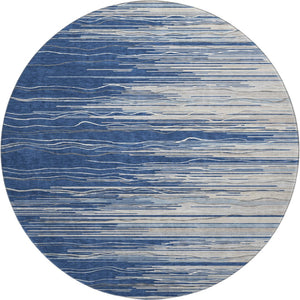 HomeRoots 8' Navy Blue Ivory and Gray Striped Round Rug - Durable, Washable, UV Protected for High-Traffic Areas 678392