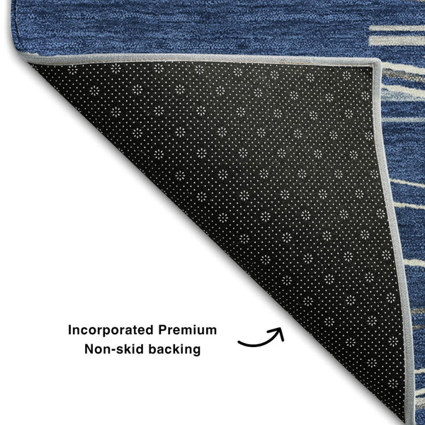 HomeRoots 8' Navy Blue Ivory and Gray Striped Round Rug - Durable, Washable, UV Protected for High-Traffic Areas 678392