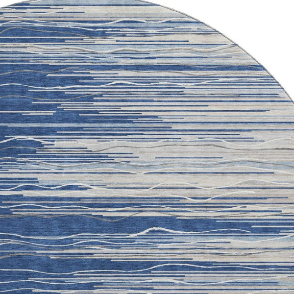 HomeRoots 8' Navy Blue Ivory and Gray Striped Round Rug - Durable, Washable, UV Protected for High-Traffic Areas 678392