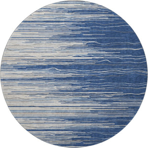 HomeRoots 8' Navy Blue Ivory and Gray Striped Round Rug - Durable, Washable, UV Protected for High-Traffic Areas 678392