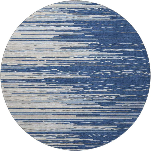 HomeRoots 8' Navy Blue Ivory and Gray Striped Round Rug - Durable, Washable, UV Protected for High-Traffic Areas 678392