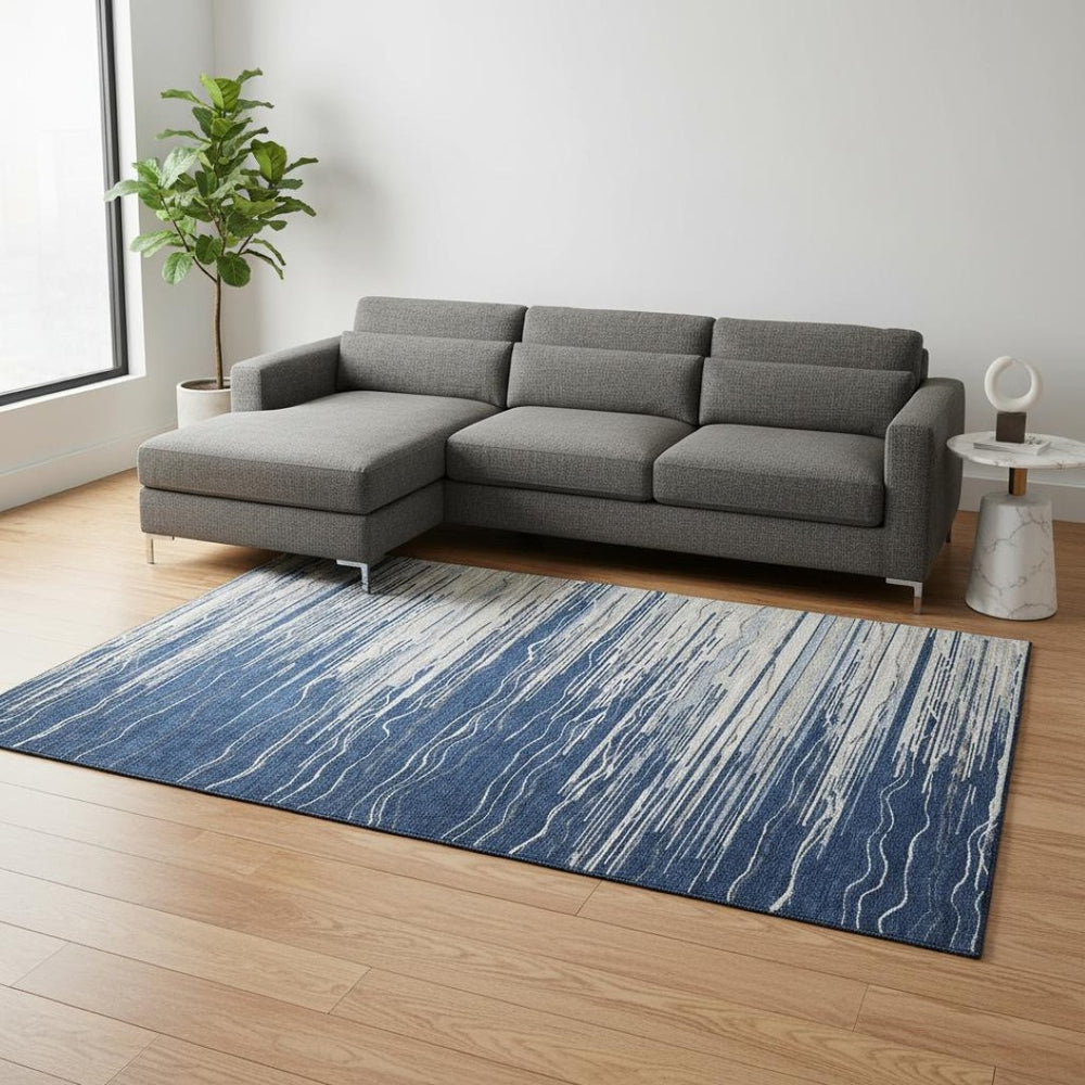 HomeRoots 8' X 10' Navy Blue, Ivory & Gray Striped Area Rug - Durable, Washable, UV-Protected for Everyday Living 678393