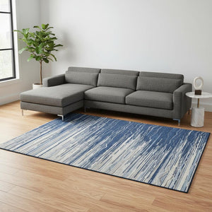 HomeRoots 9' X 12' Navy Blue, Ivory & Gray Striped Washable Area Rug - Durable, UV Protected for Homes with Kids 678394